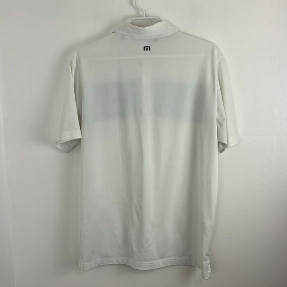 Travis Mathew White Polo Golf Shirt with Blue Front Stripe - Picture 8 of 9